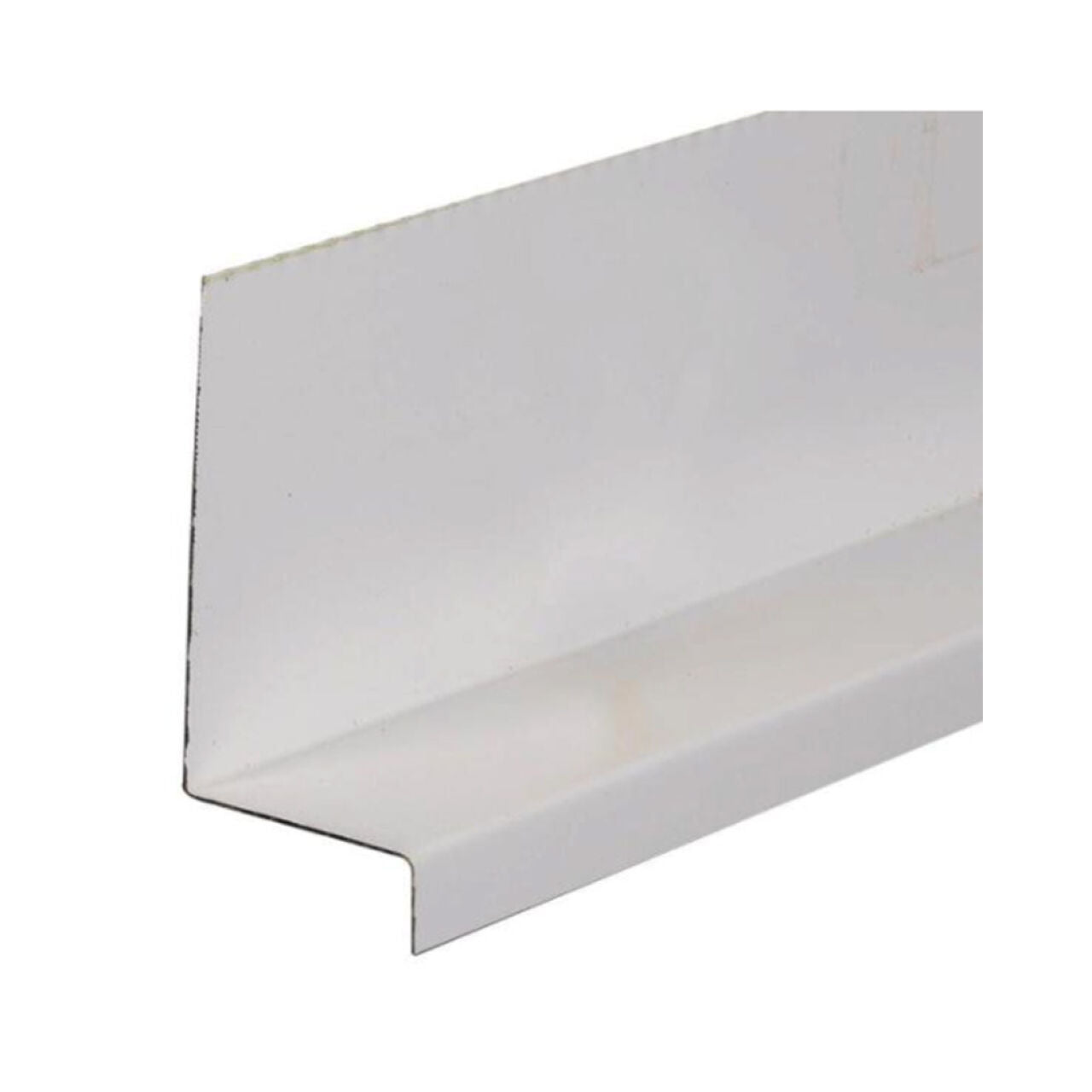 The Go Build 3 in. x 8 ft. Galvanized Steel Deck Ledger Wall Connector Flashing in white features a smooth finish, ideal for waterproof deck installations. Shown against a plain white background.